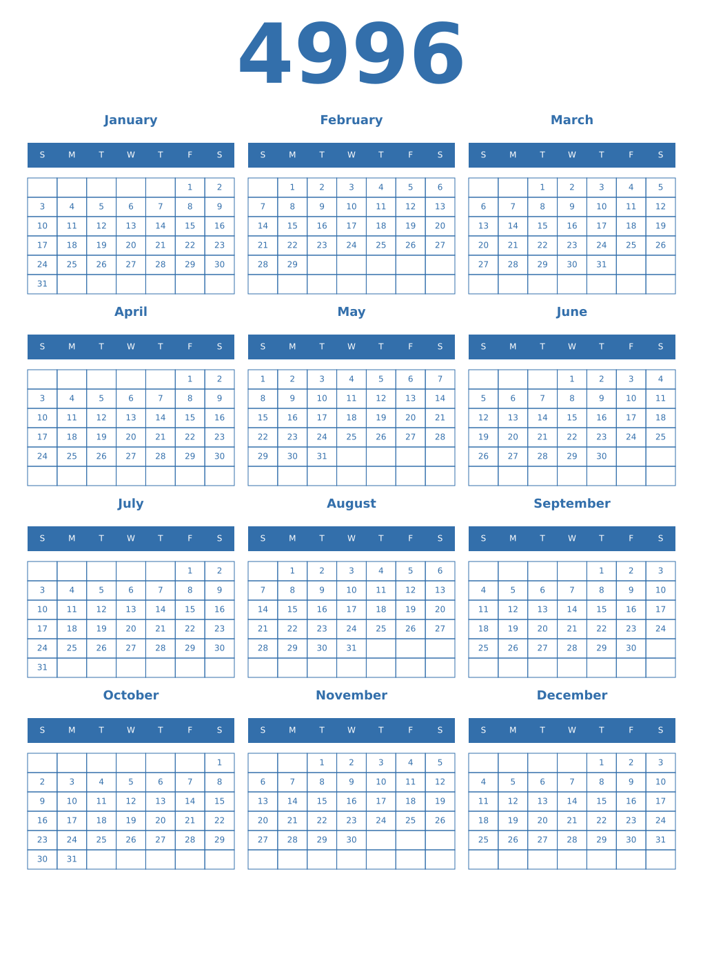 Printable 4996 Year Calendars blue