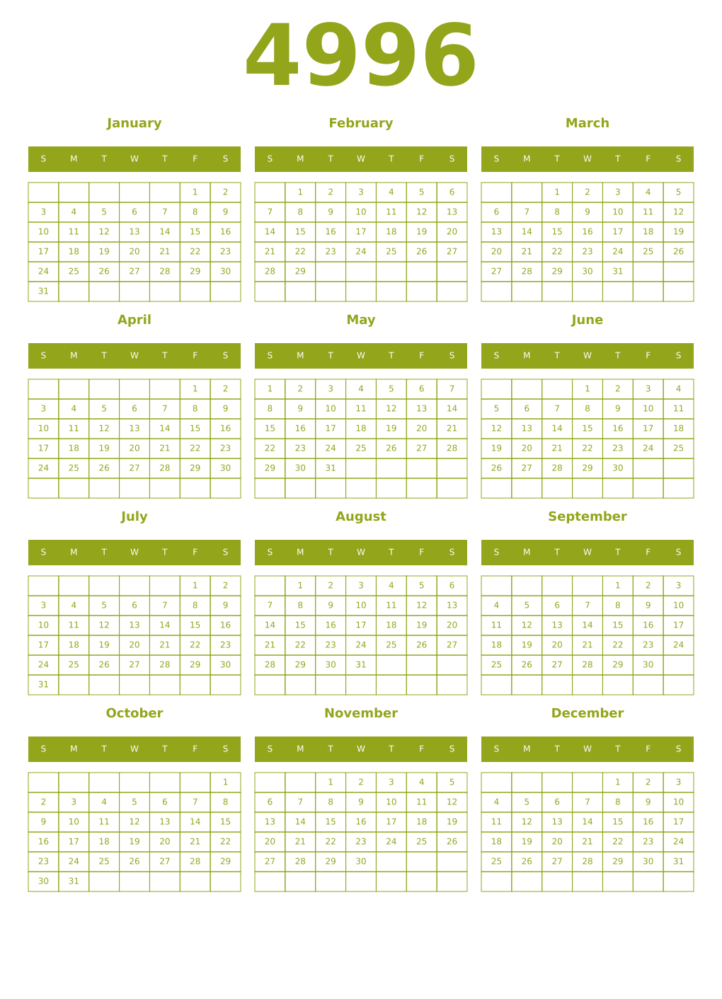 Printable 4996 Year Calendars chartreuse