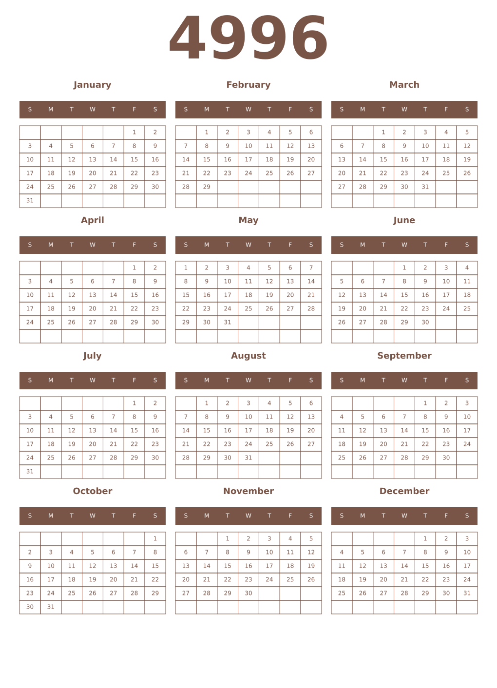 Printable 4996 Year Calendars coffe