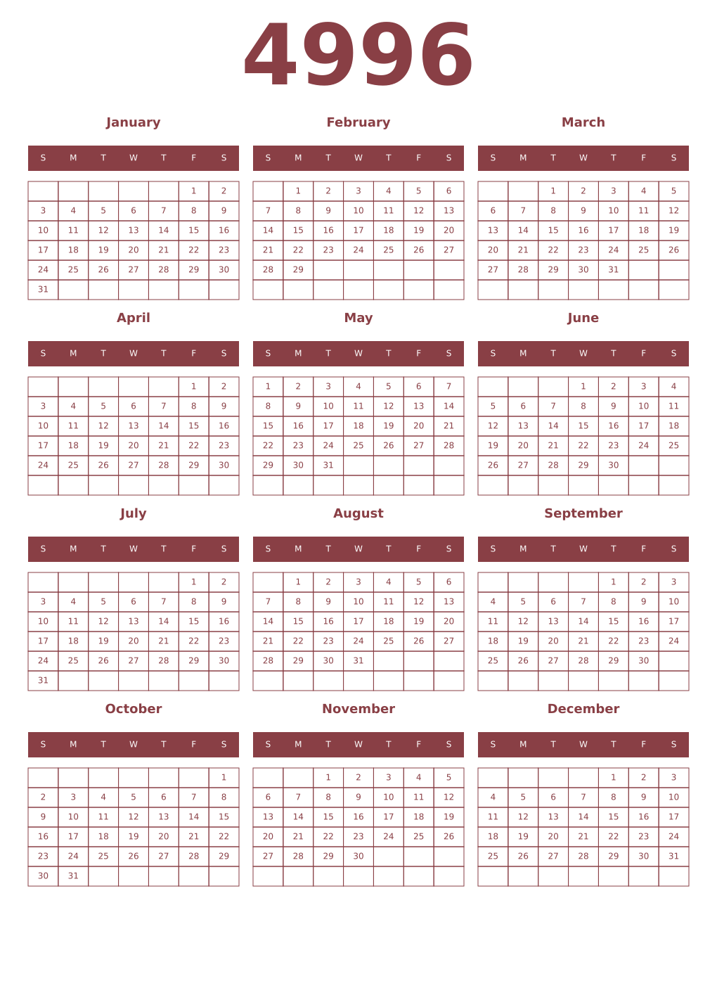 Printable 4996 Year Calendars cordovan