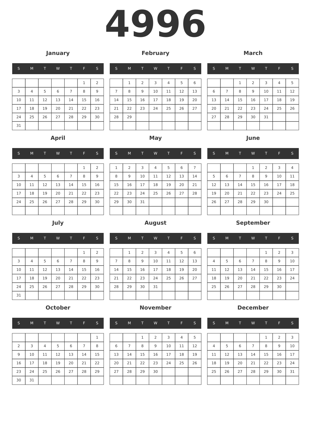 Printable 4996 Year Calendars dark