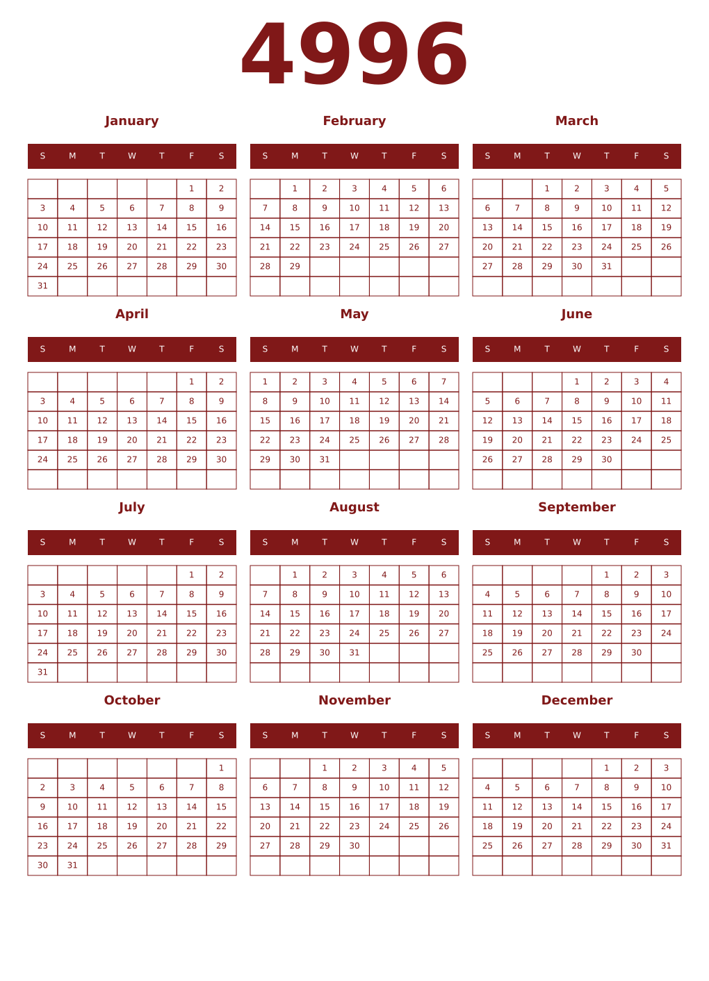 Printable 4996 Year Calendars falu