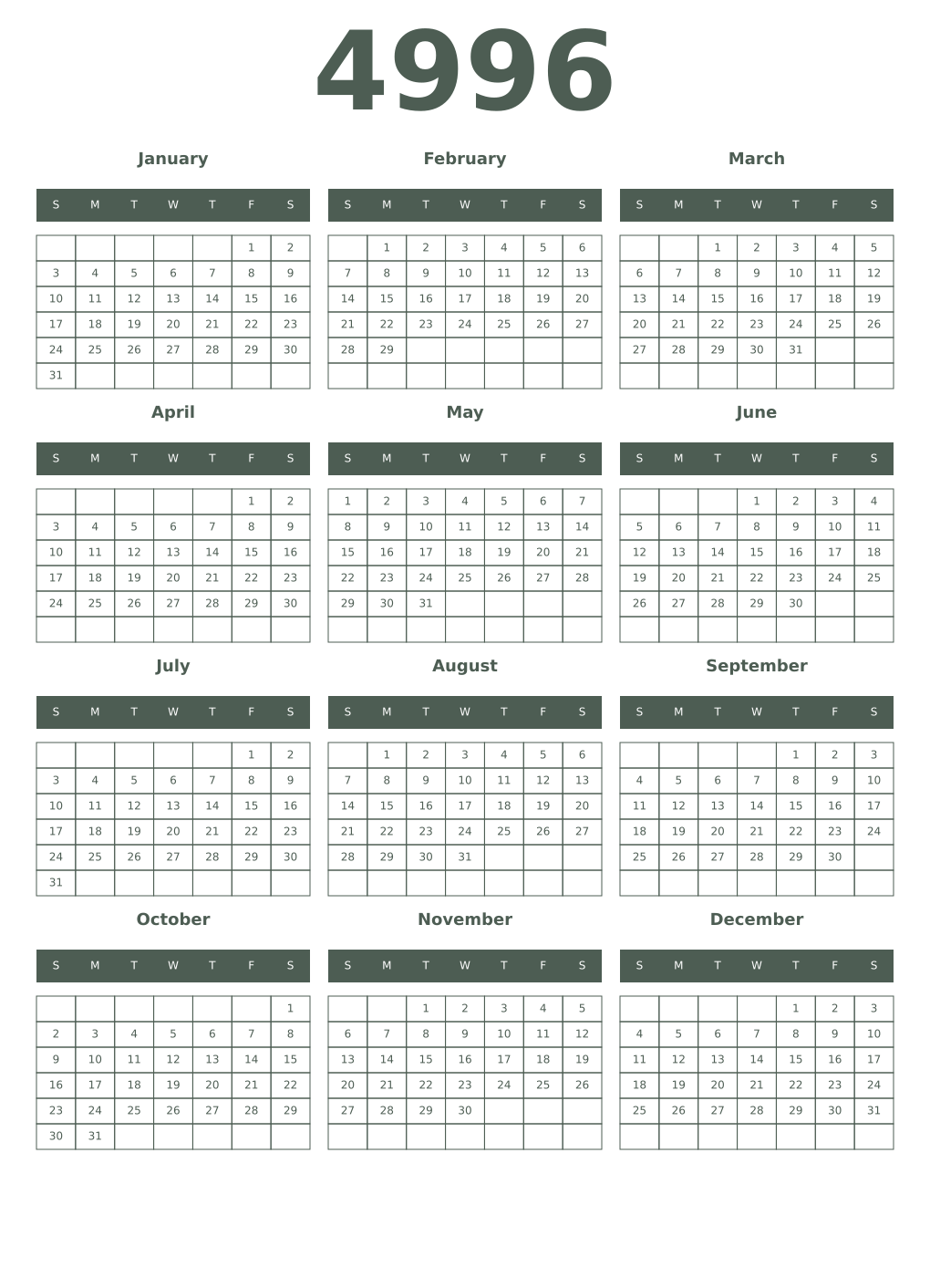 Printable 4996 Year Calendars feldgrau