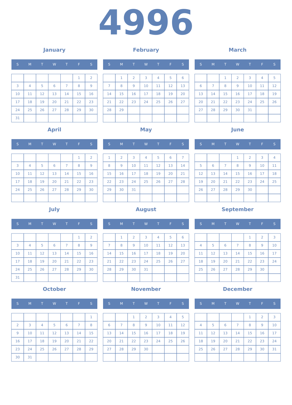 Printable 4996 Year Calendars glaucous