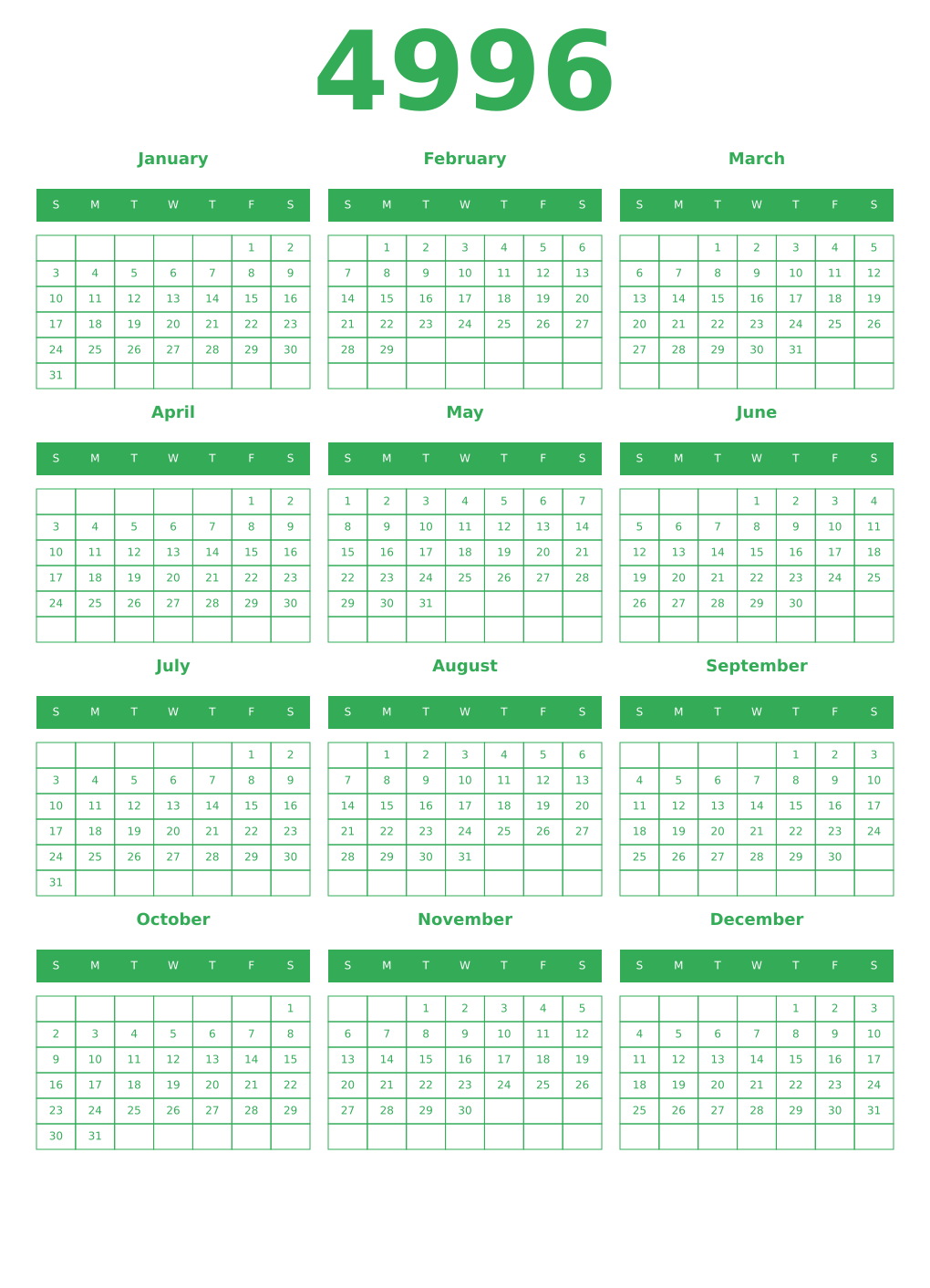 Printable 4996 Year Calendars green