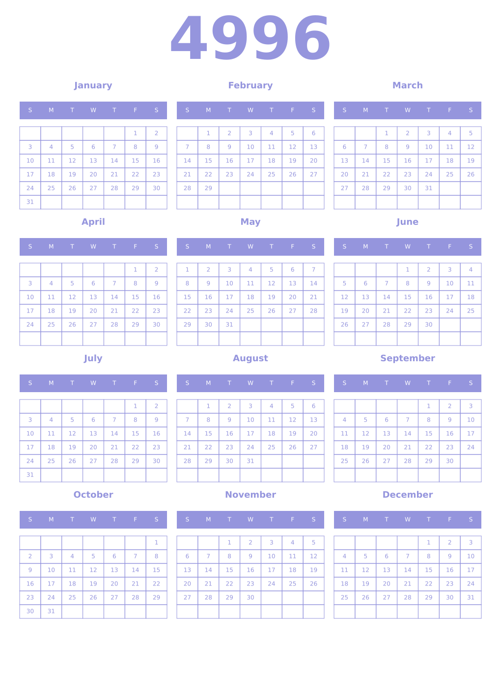 Printable 4996 Year Calendars periwinkle