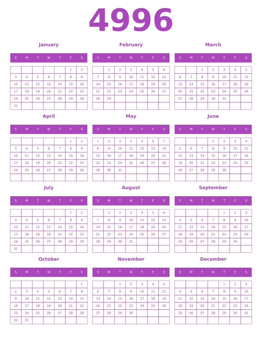Printable 4996 Year Calendars purple