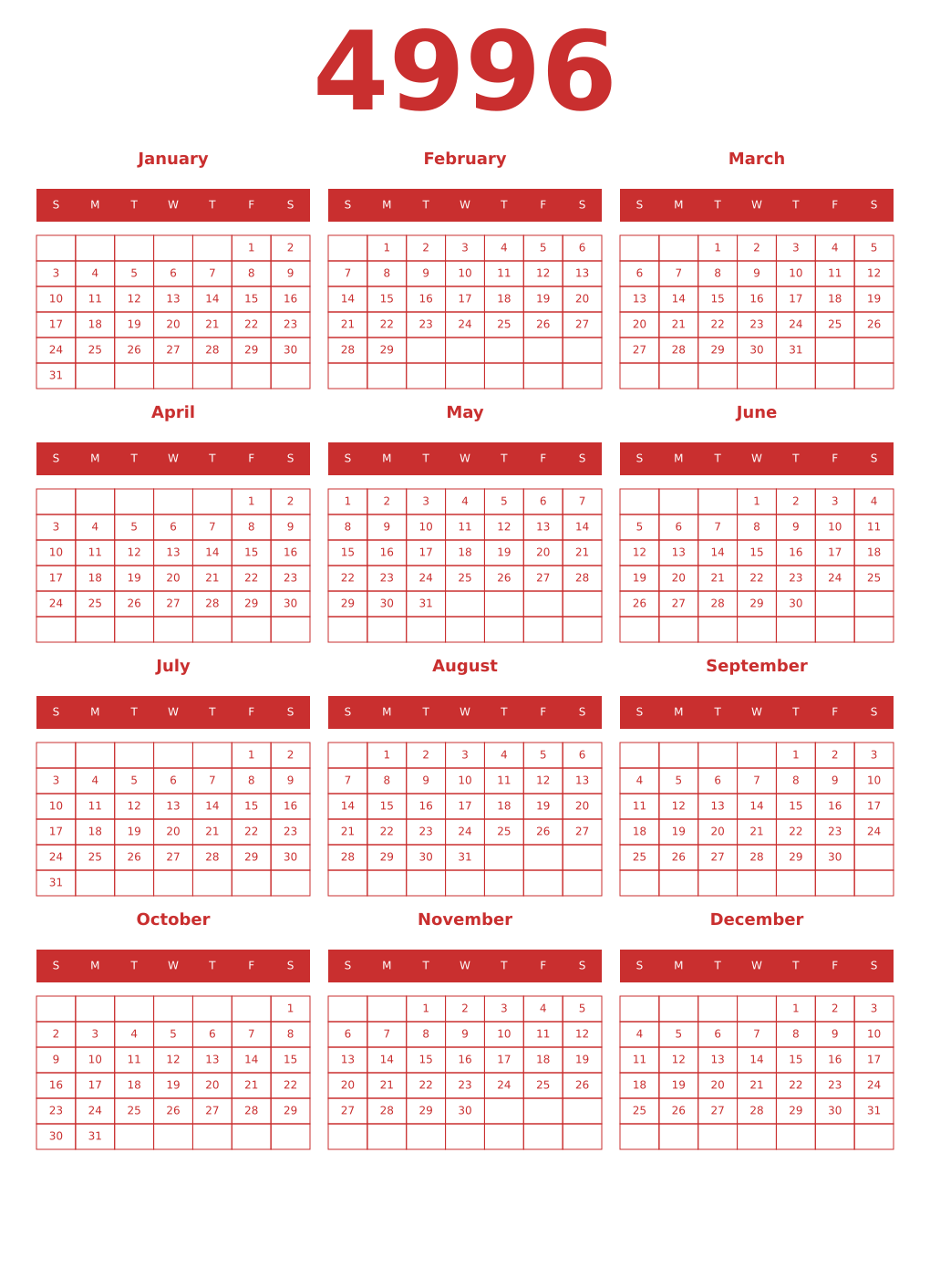 Printable 4996 Year Calendars red