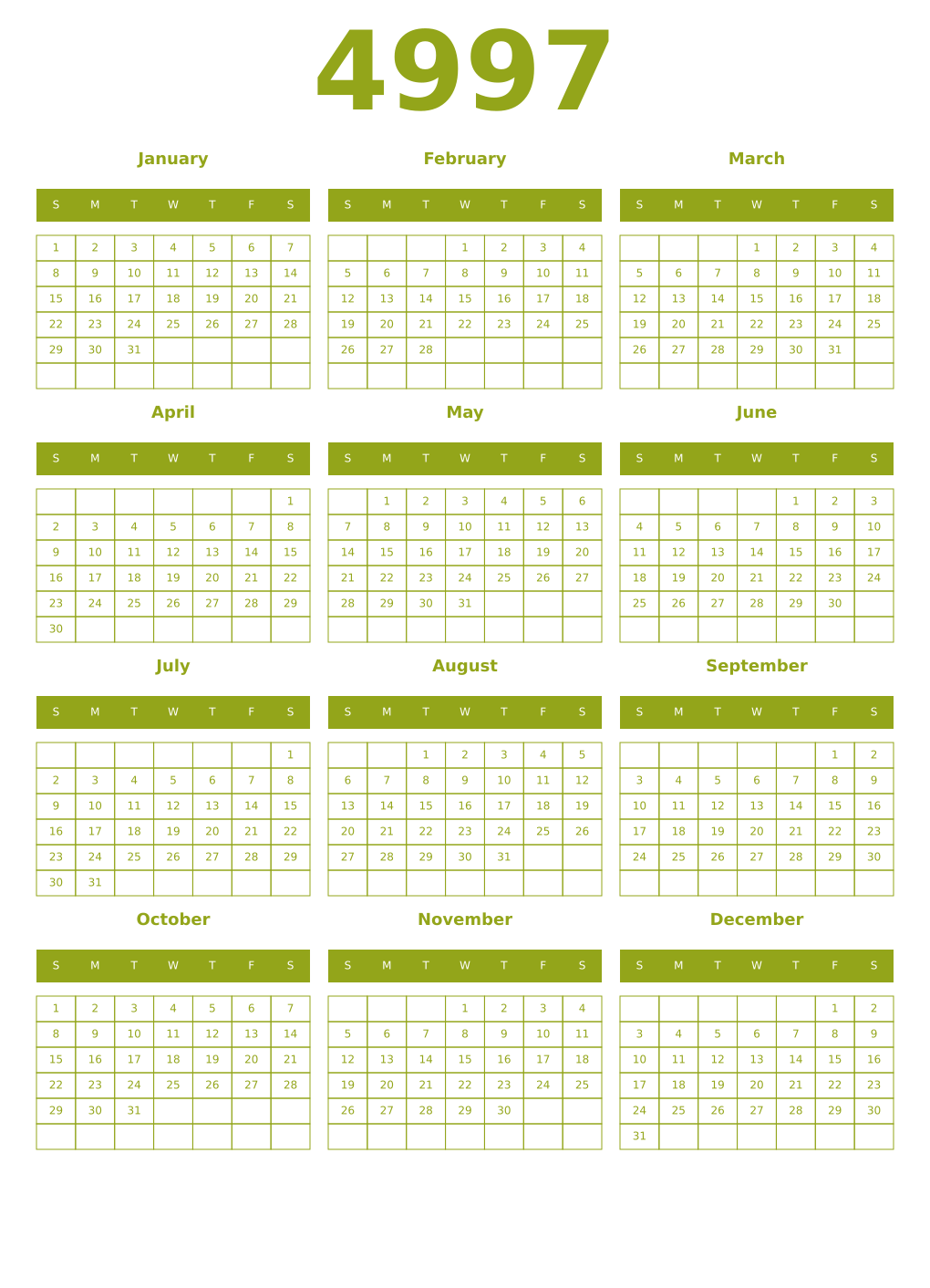 Printable 4997 Year Calendars chartreuse