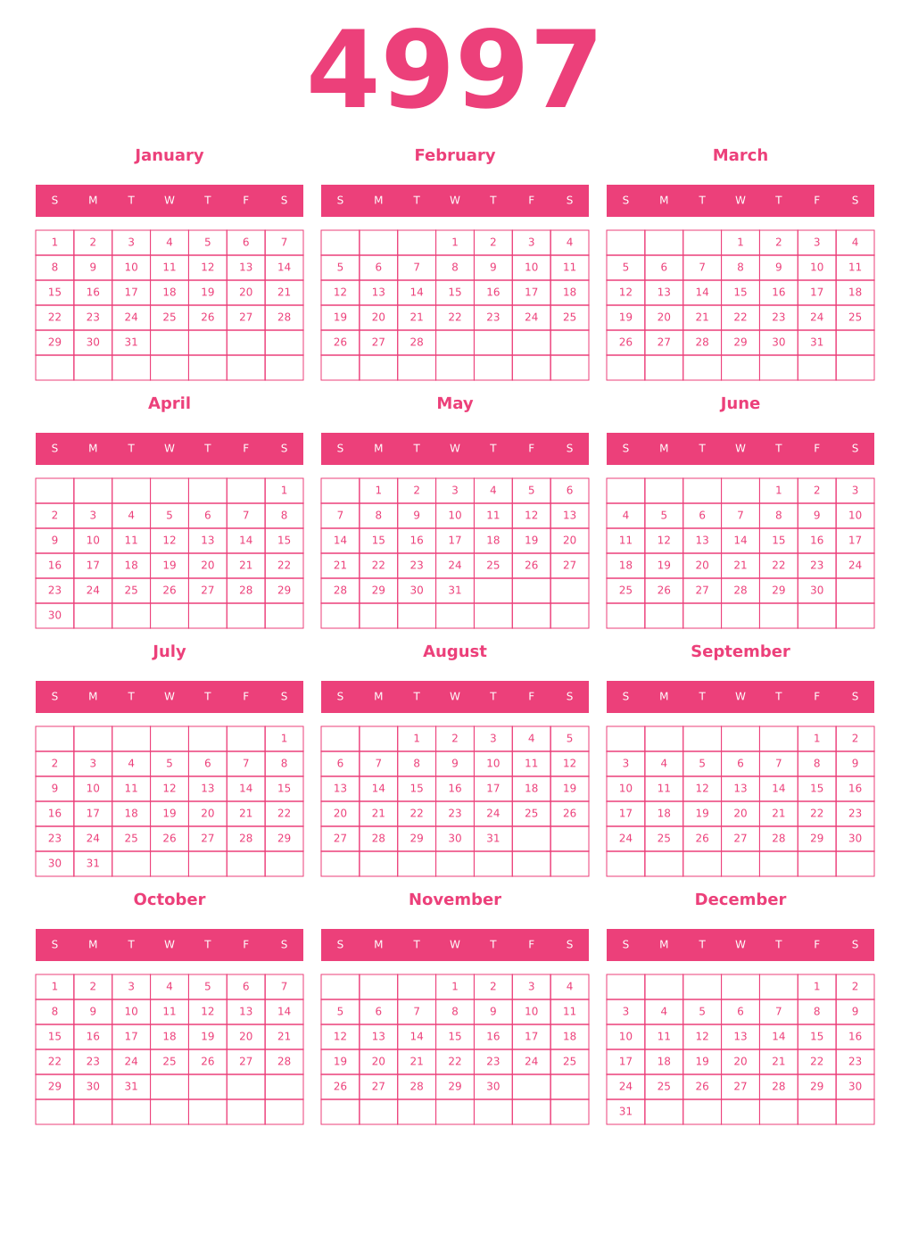 Printable 4997 Year Calendars pink