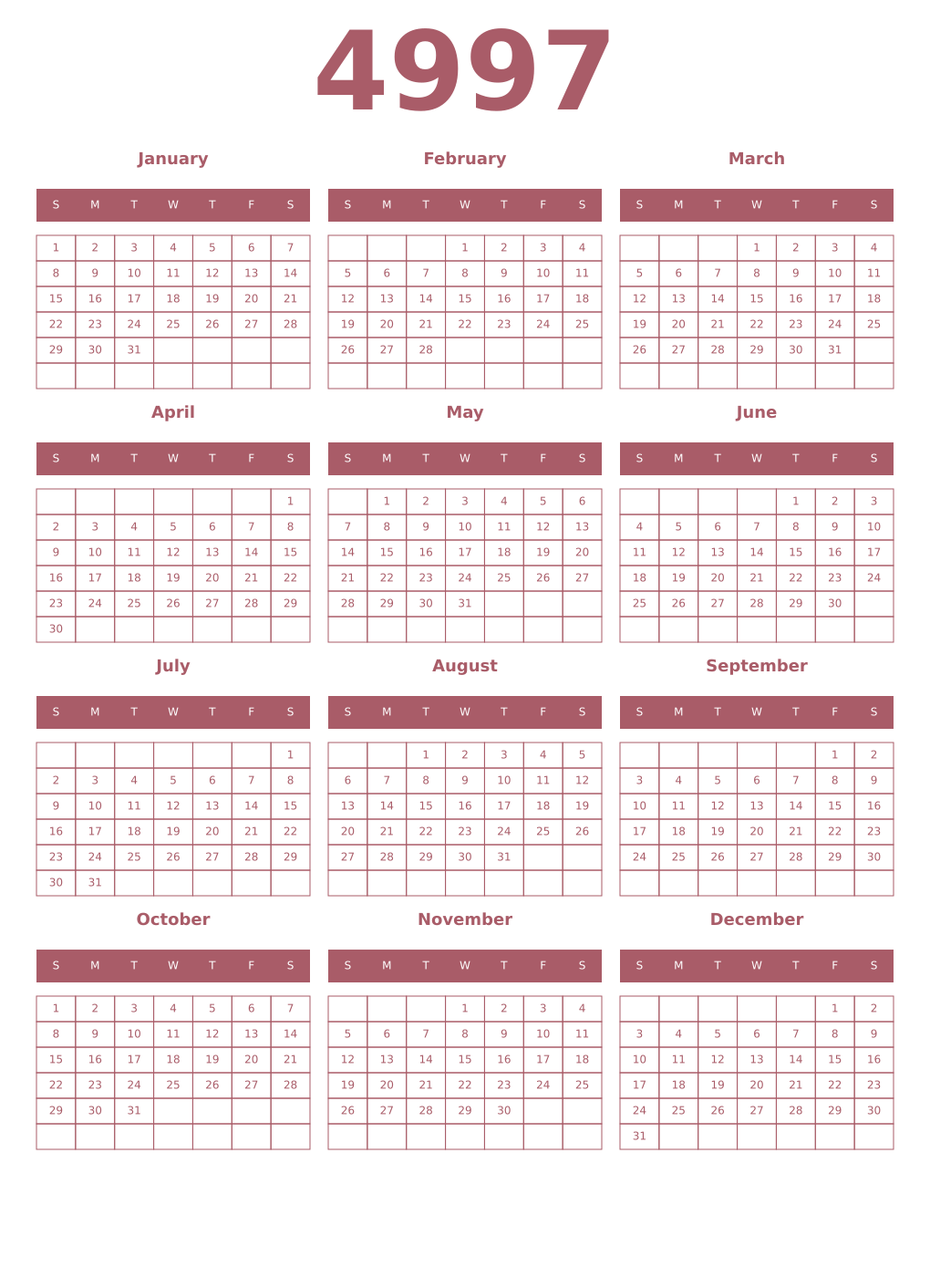 Printable 4997 Year Calendars puce