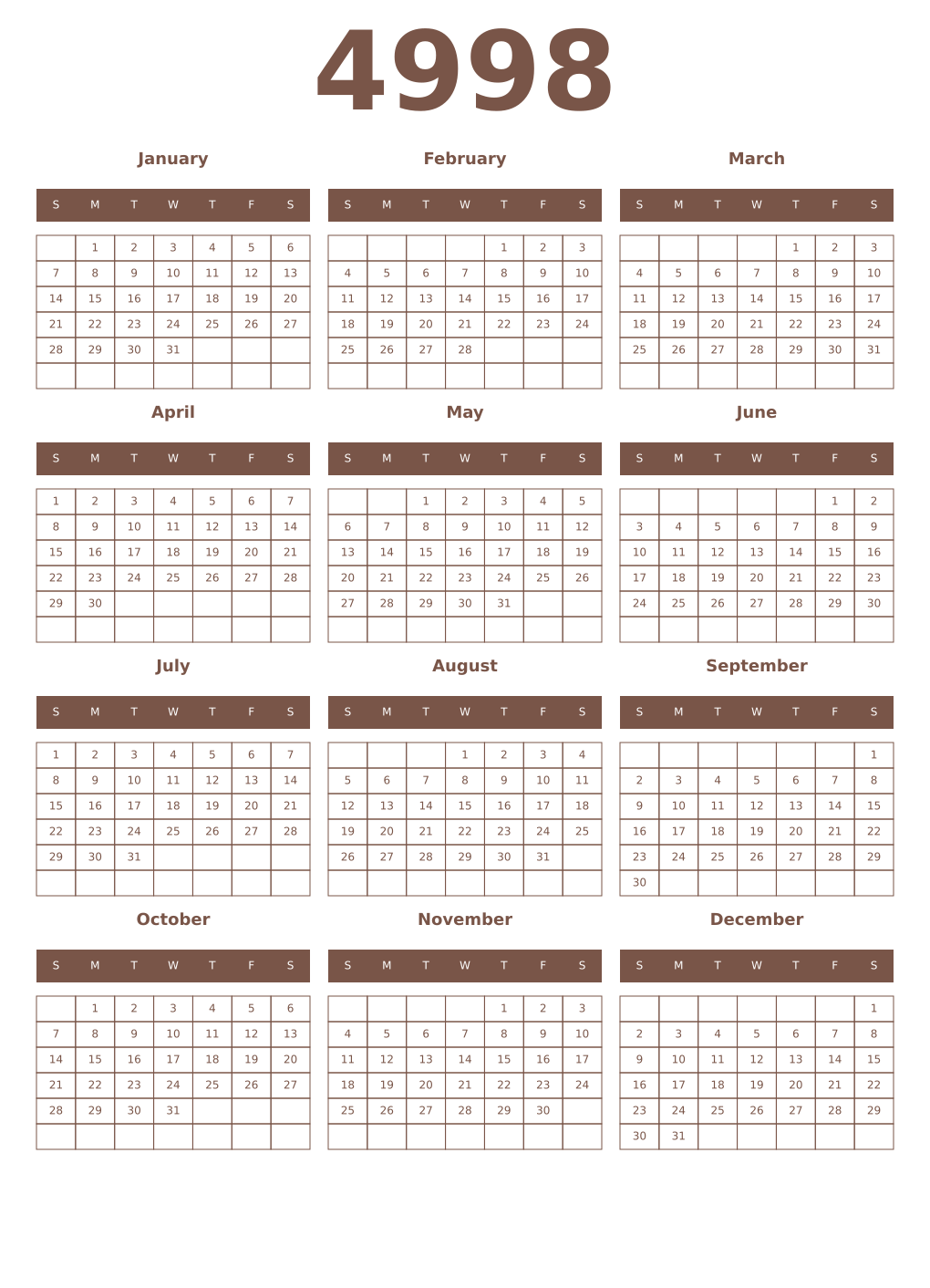 Printable 4998 Year Calendars coffe