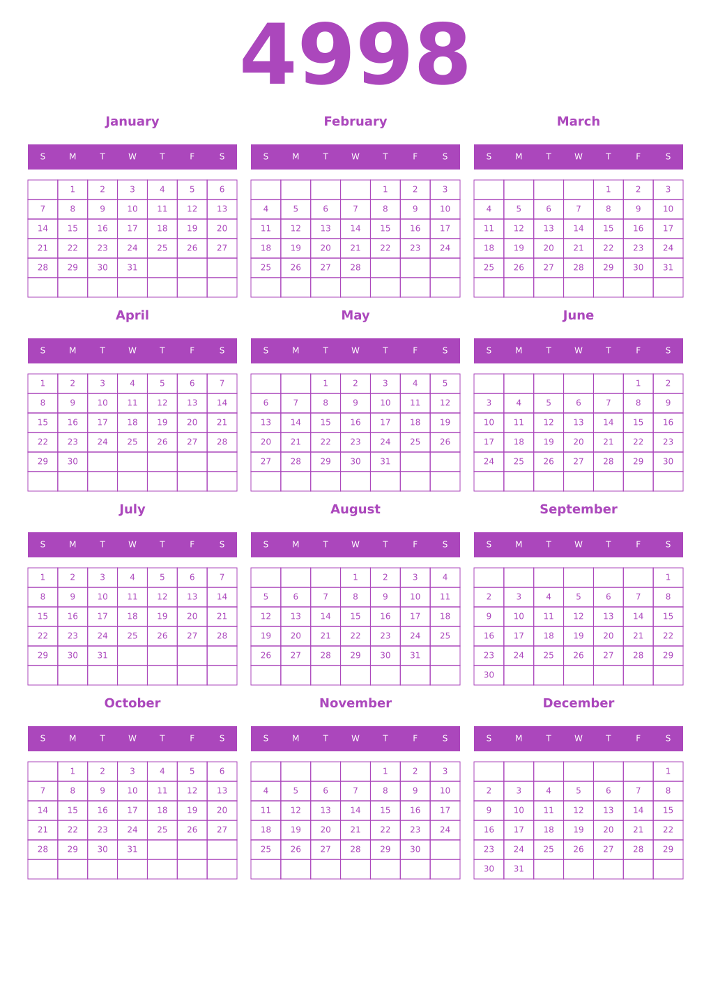 Printable 4998 Year Calendars purple