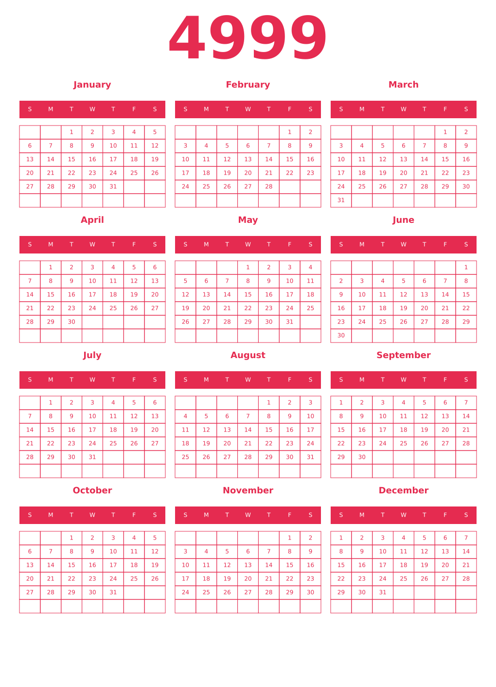 Printable 4999 Year Calendars amaranth