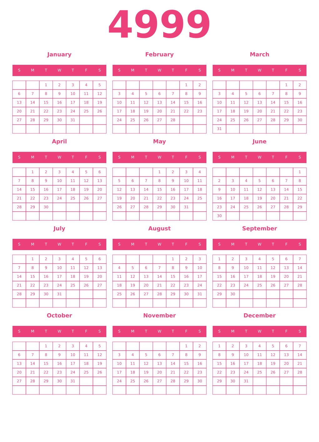 Printable 4999 Year Calendars pink