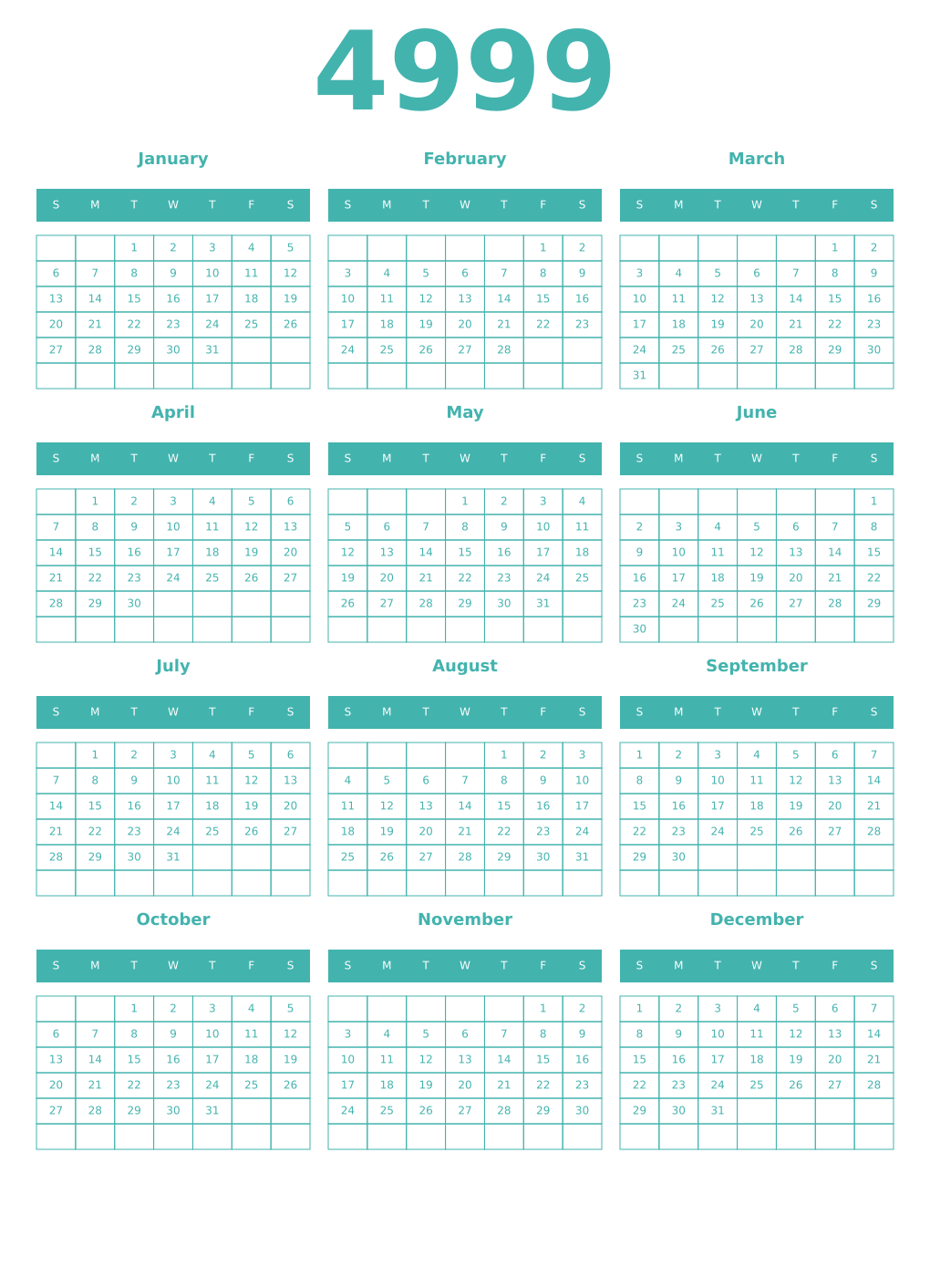 Printable 4999 Year Calendars verdigris