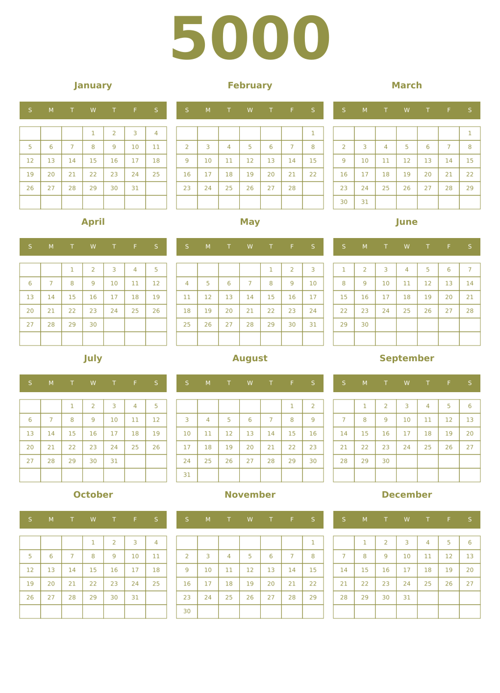 Printable 5000 Year Calendars eburnean