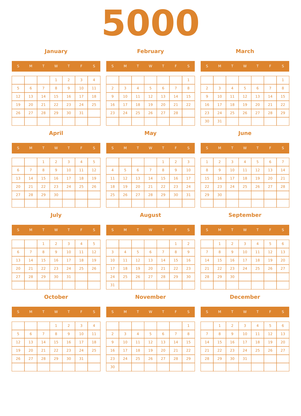 Printable 5000 Year Calendars orange
