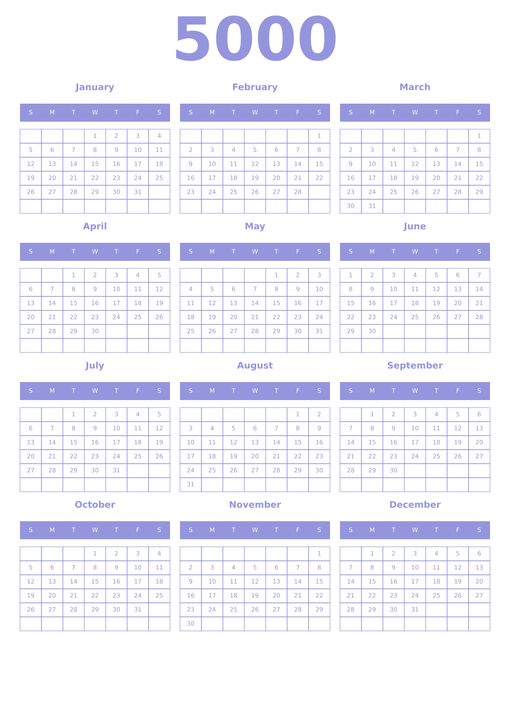 Printable 5000 Year Calendars periwinkle
