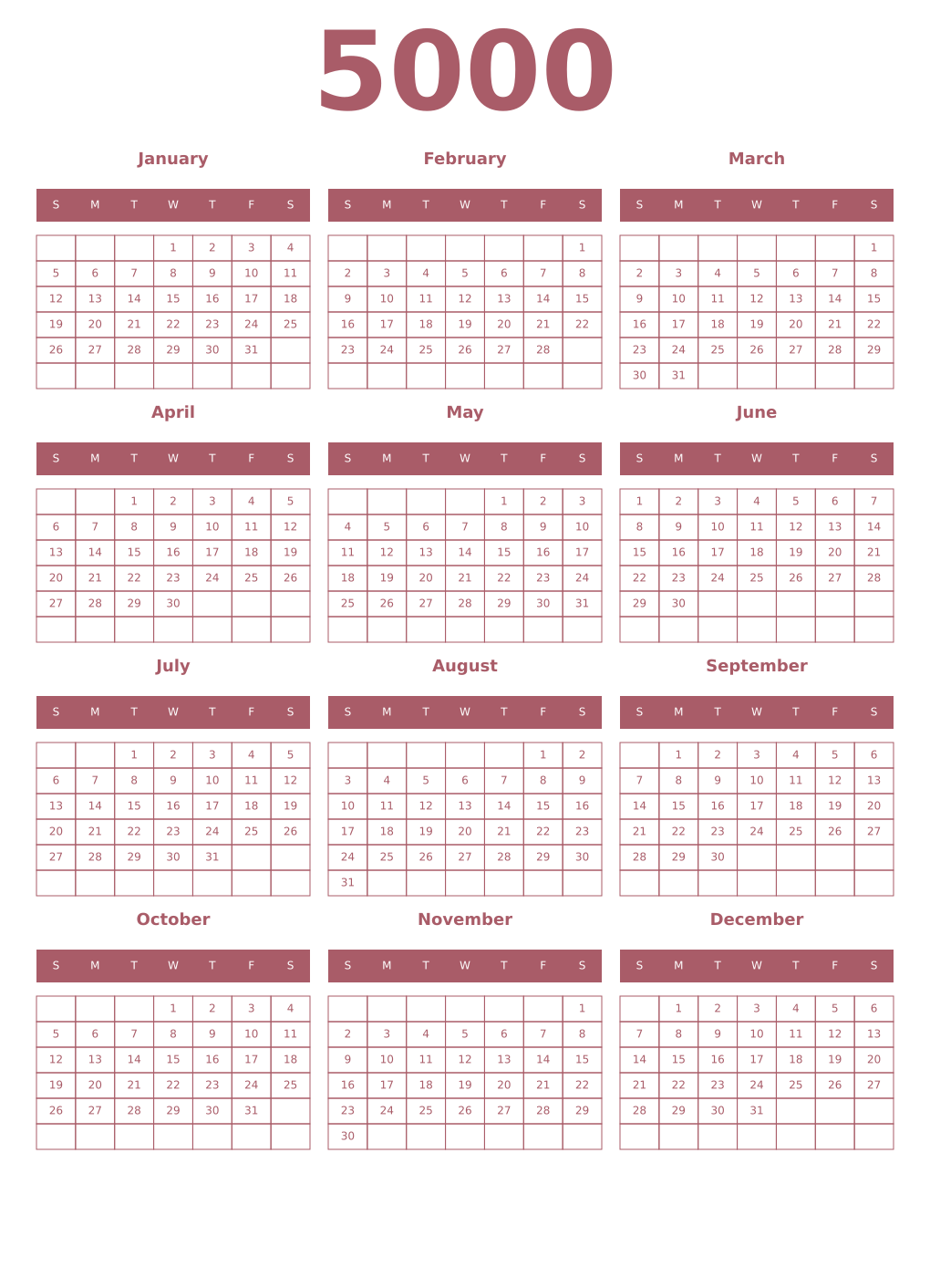 Printable 5000 Year Calendars puce