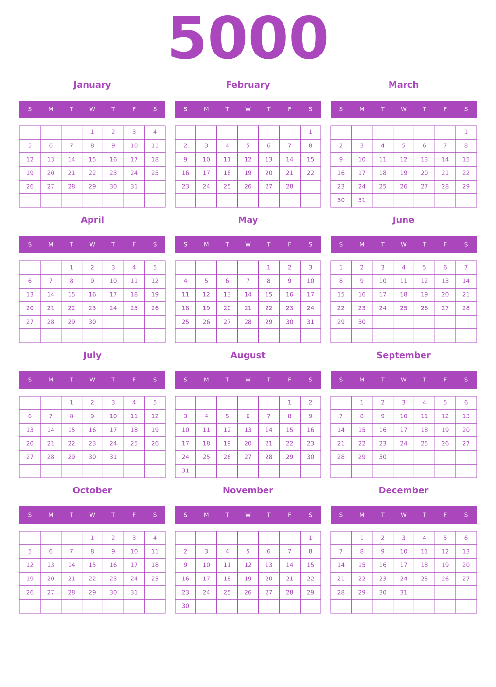 Printable 5000 Year Calendars purple