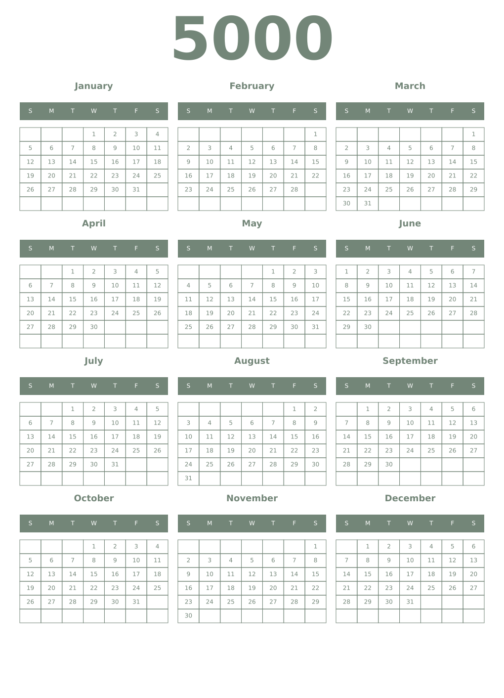 Printable 5000 Year Calendars xanadu