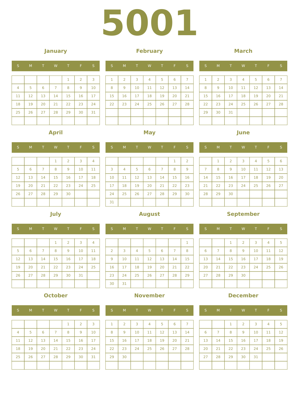 Printable 5001 Year Calendars eburnean