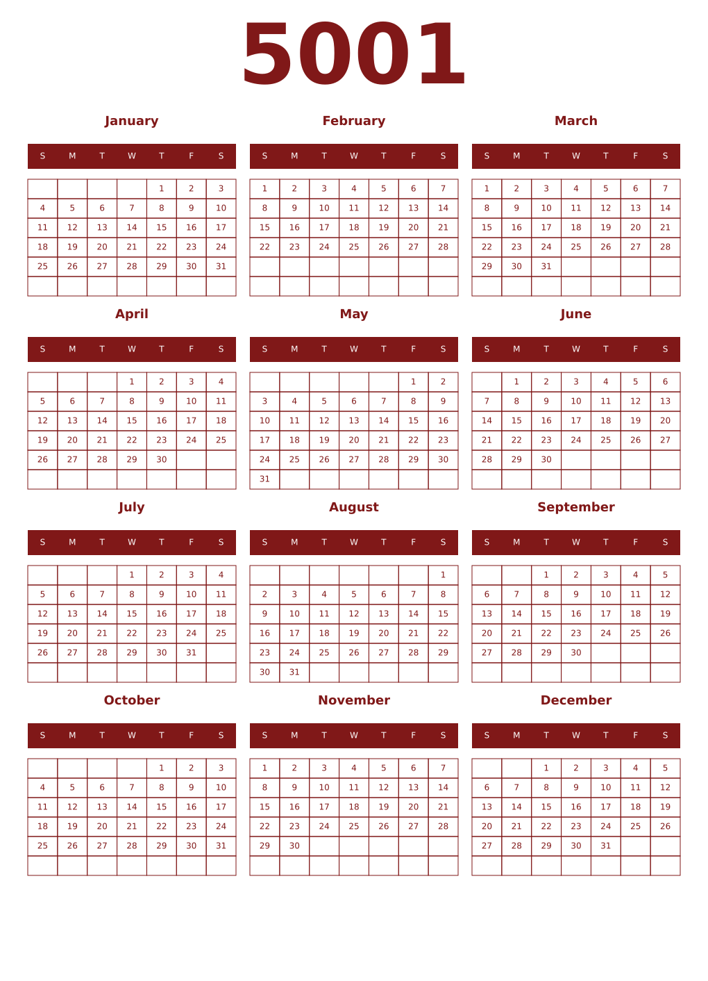 Printable 5001 Year Calendars falu
