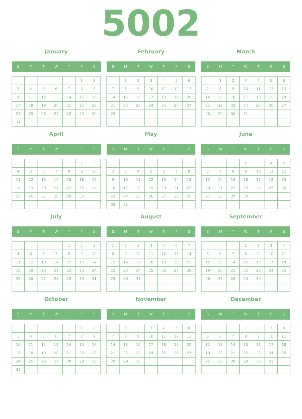 Printable 5002 Year Calendars celadon