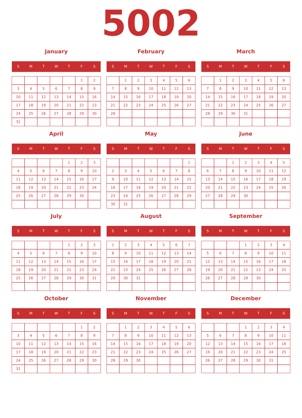 Printable 5002 Year Calendars red