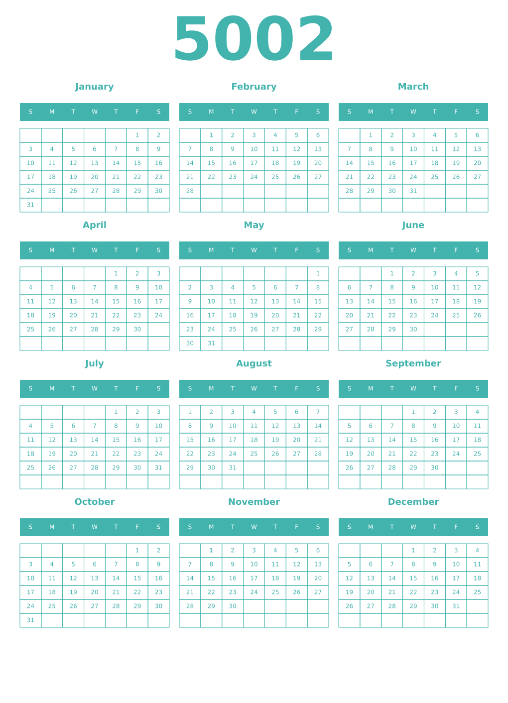 Printable 5002 Year Calendars verdigris