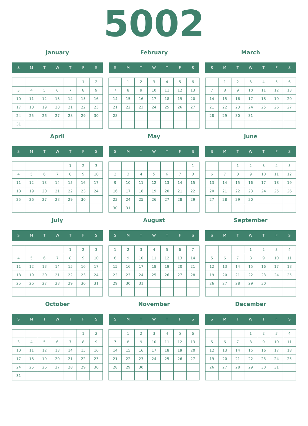 Printable 5002 Year Calendars viridian