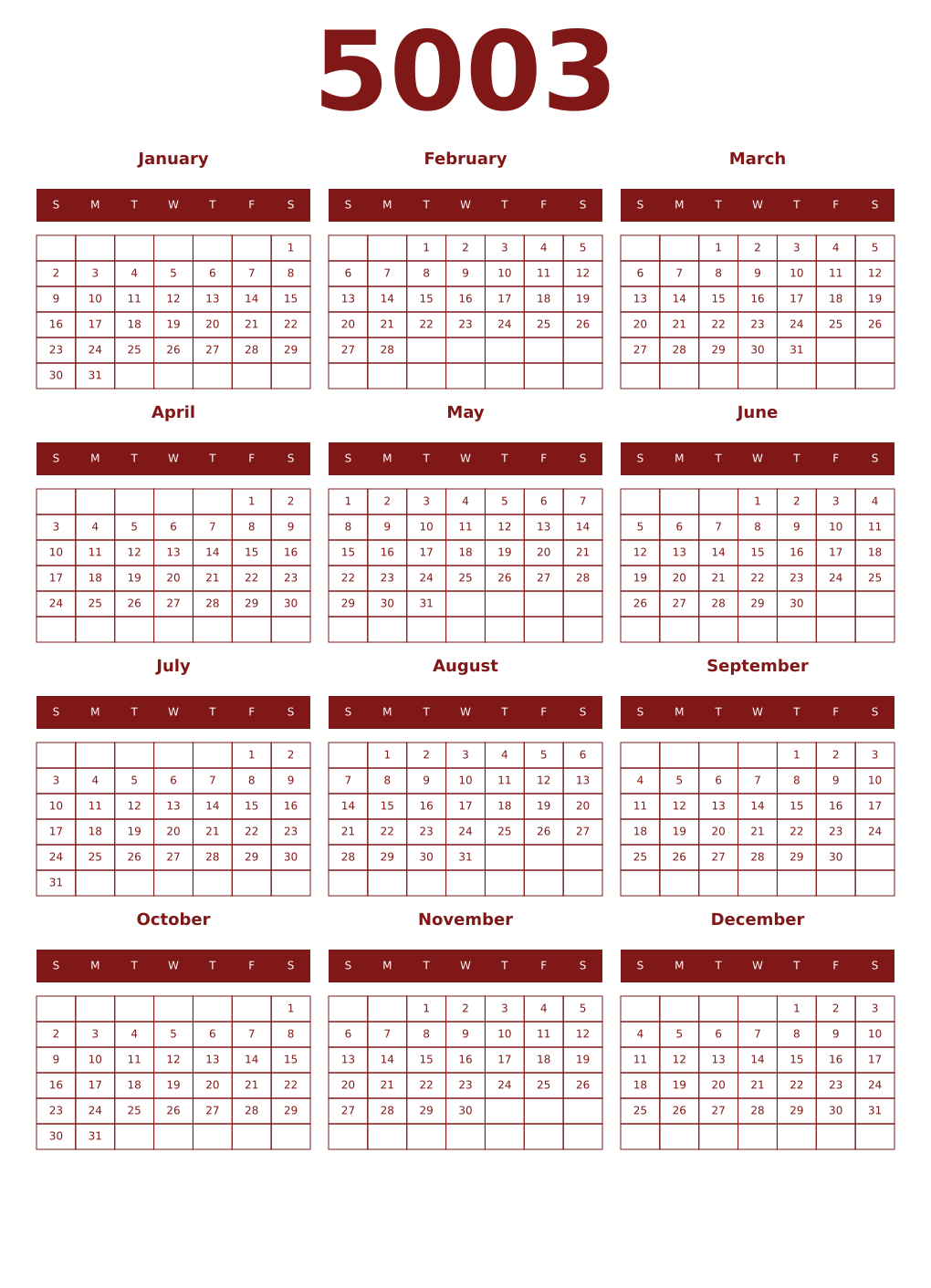 Printable 5003 Year Calendars falu
