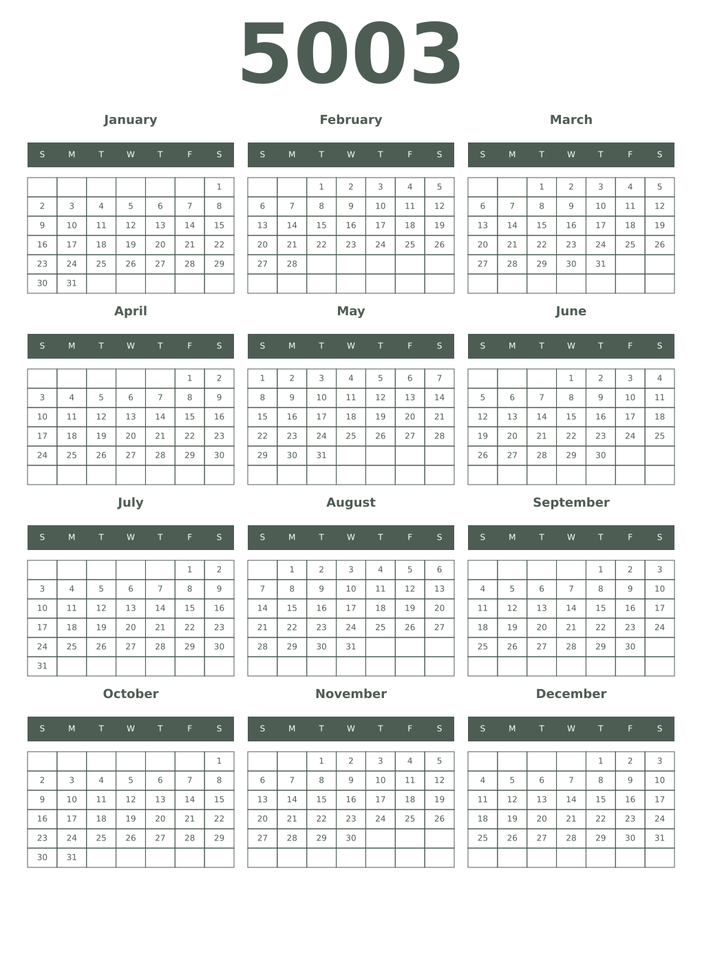 Printable 5003 Year Calendars feldgrau