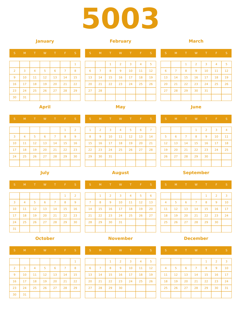 Printable 5003 Year Calendars gamboge