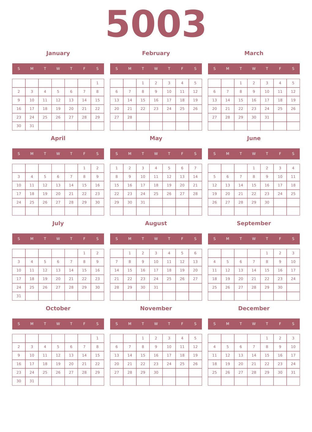 Printable 5003 Year Calendars puce