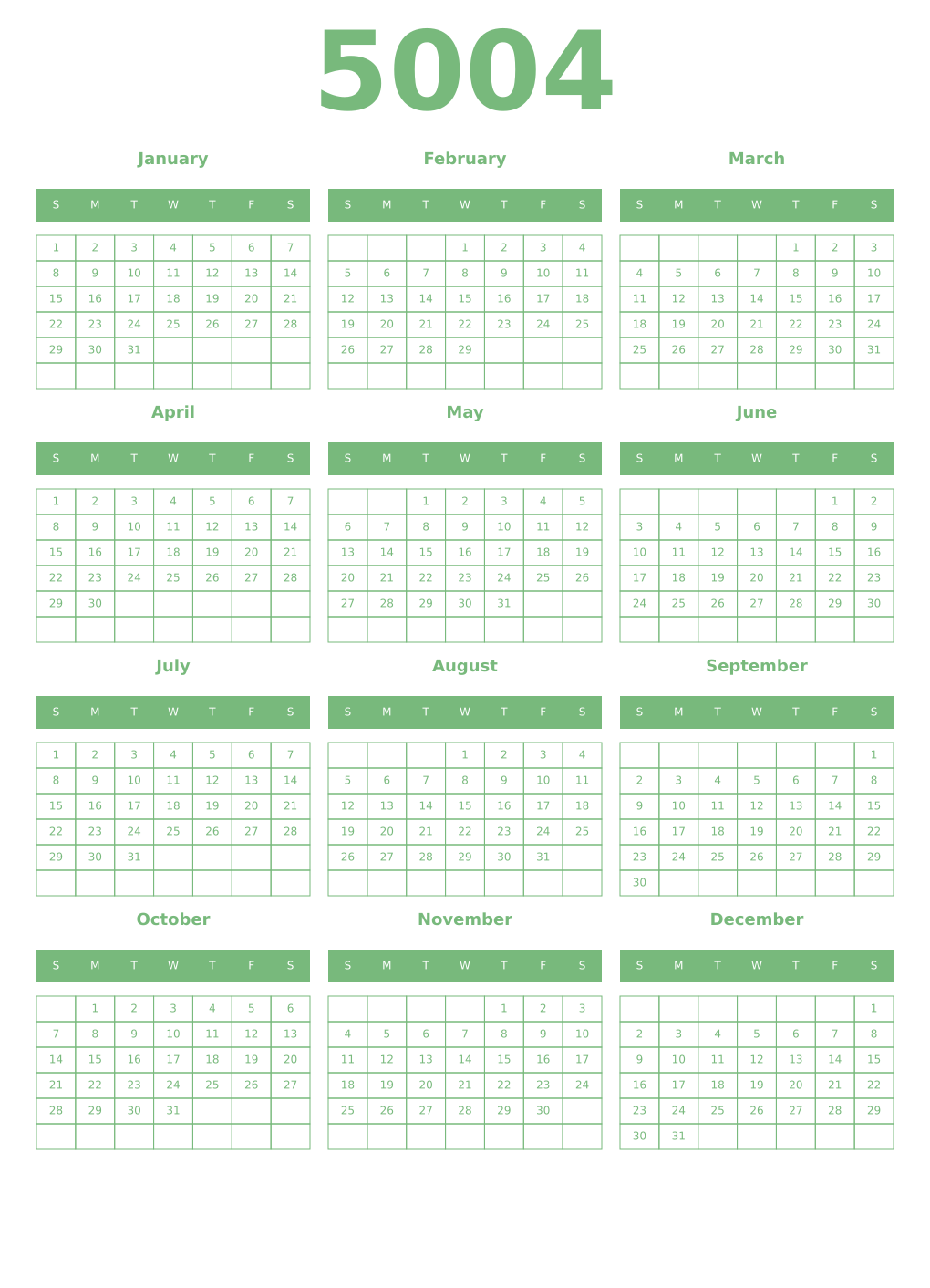 Printable 5004 Year Calendars celadon