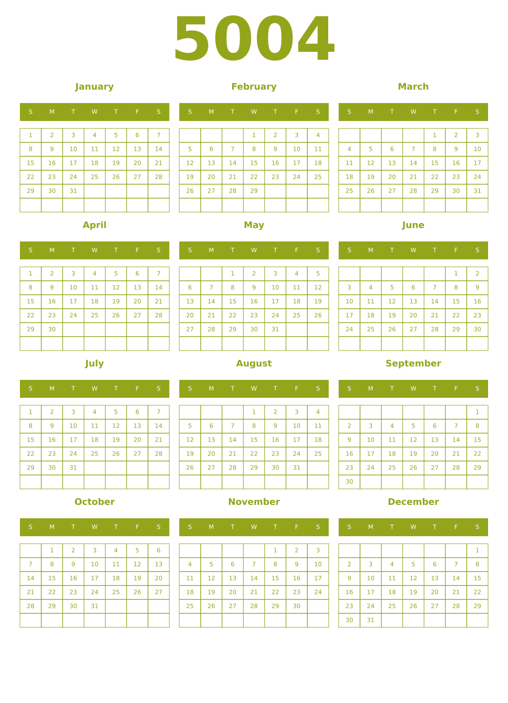 Printable 5004 Year Calendars chartreuse
