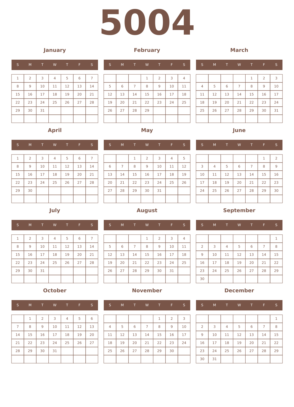 Printable 5004 Year Calendars coffe