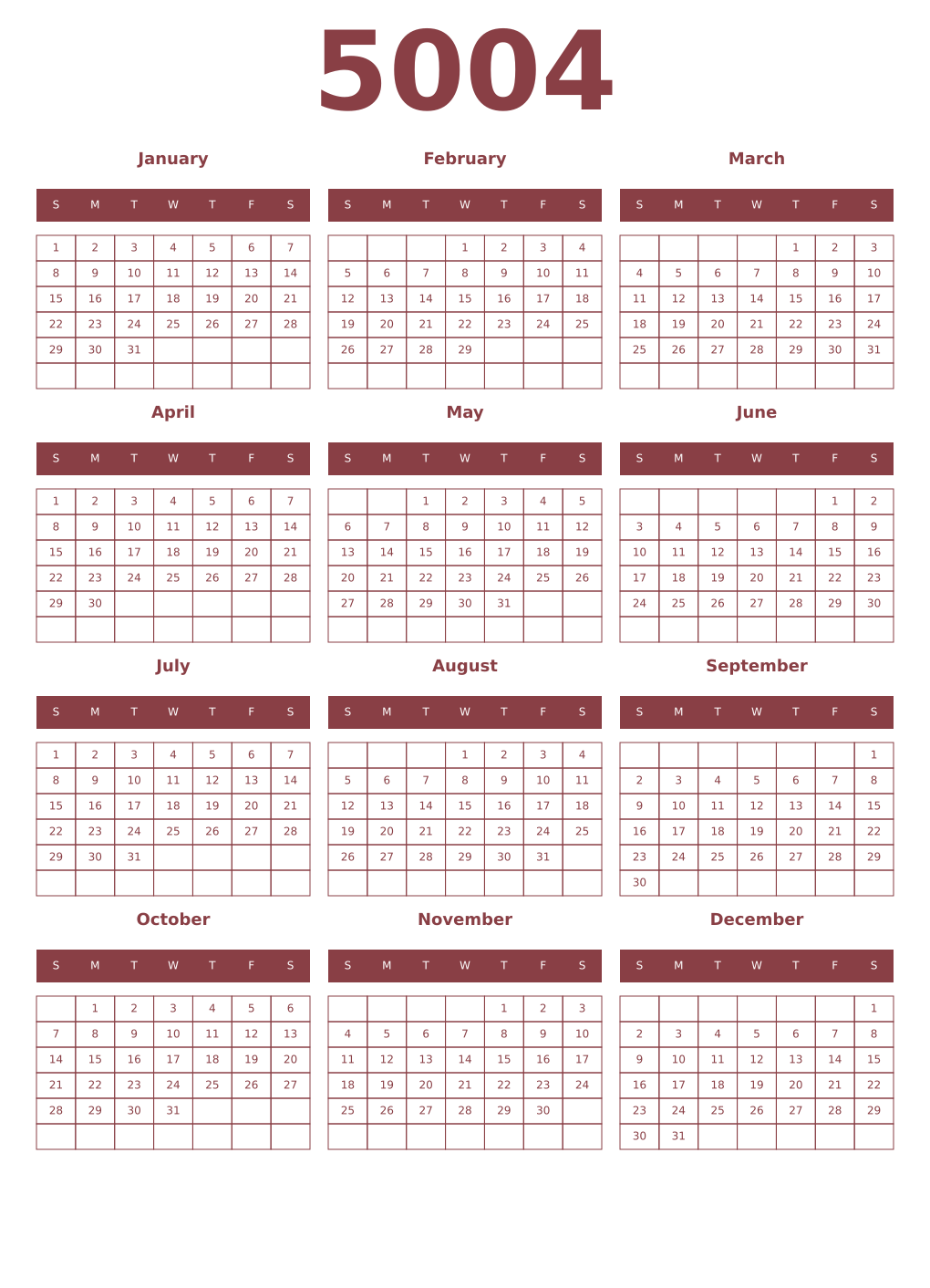 Printable 5004 Year Calendars cordovan