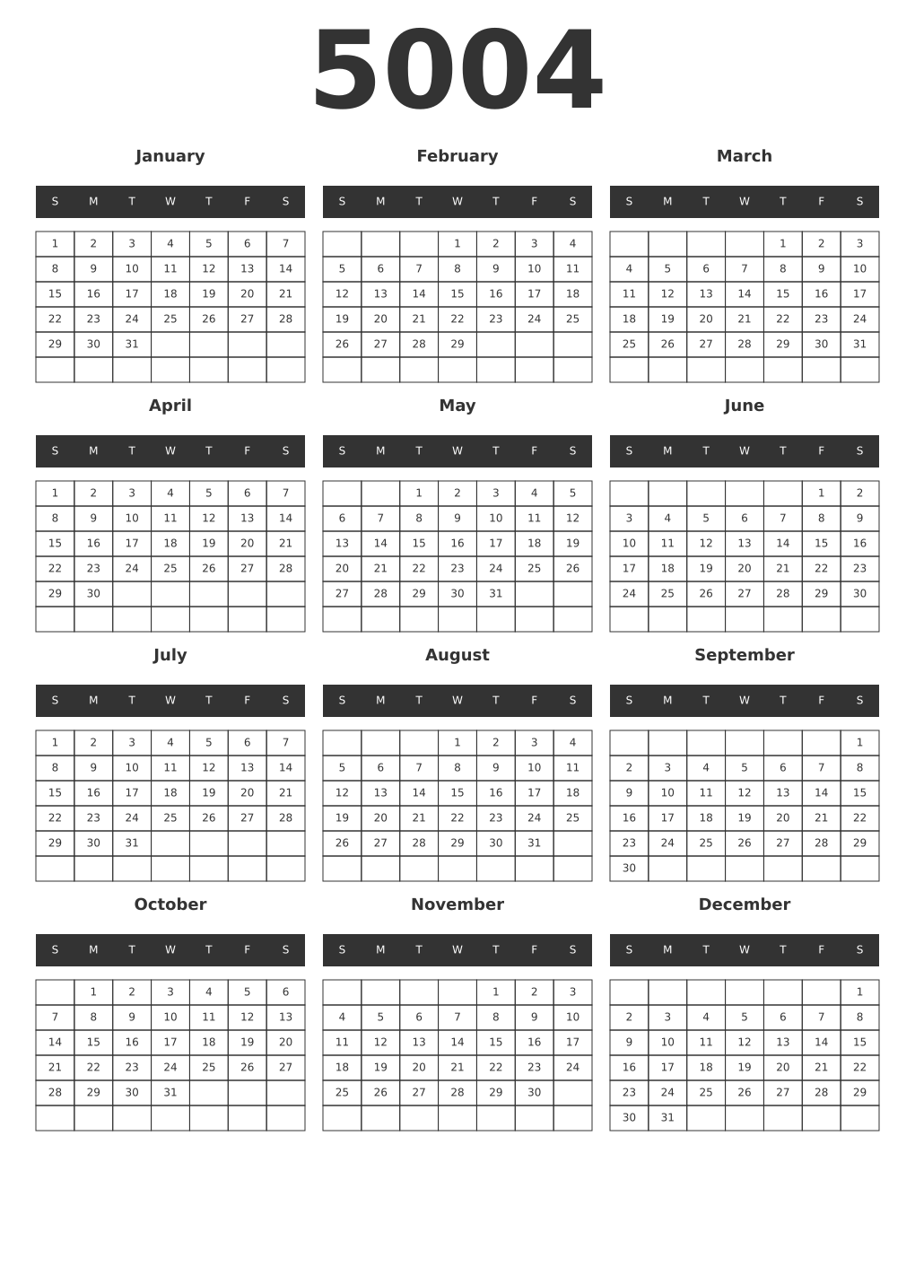 Printable 5004 Year Calendars dark