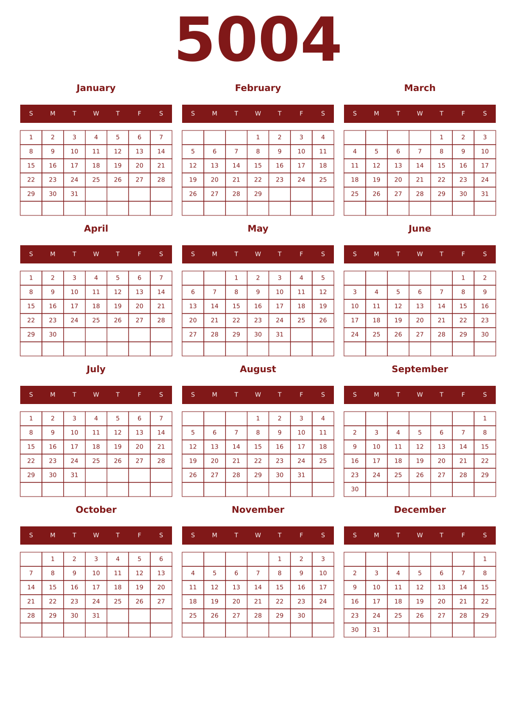 Printable 5004 Year Calendars falu