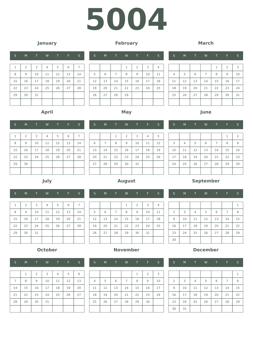 Printable 5004 Year Calendars feldgrau