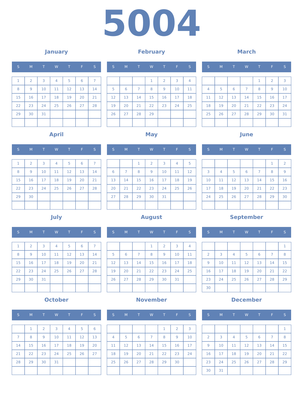 Printable 5004 Year Calendars glaucous