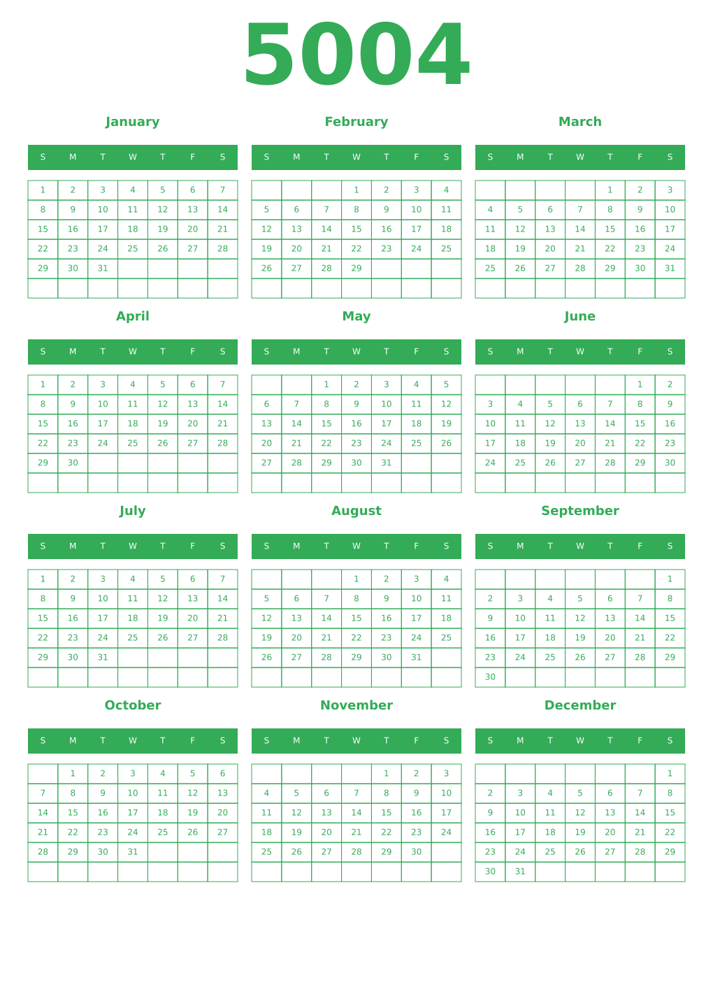 Printable 5004 Year Calendars green