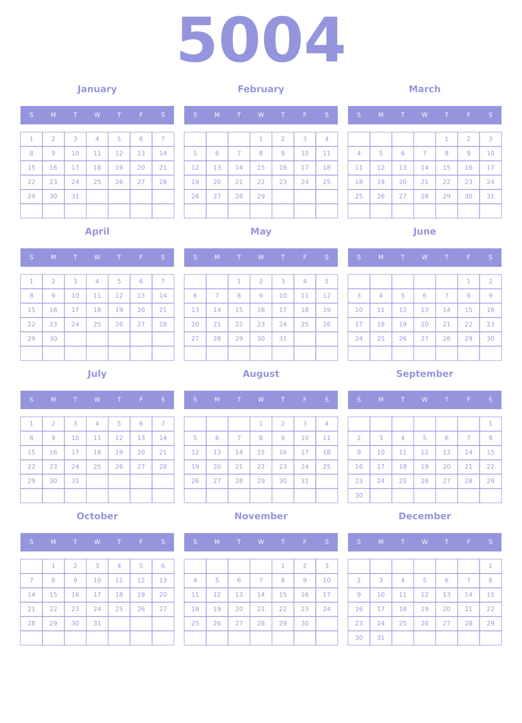 Printable 5004 Year Calendars periwinkle