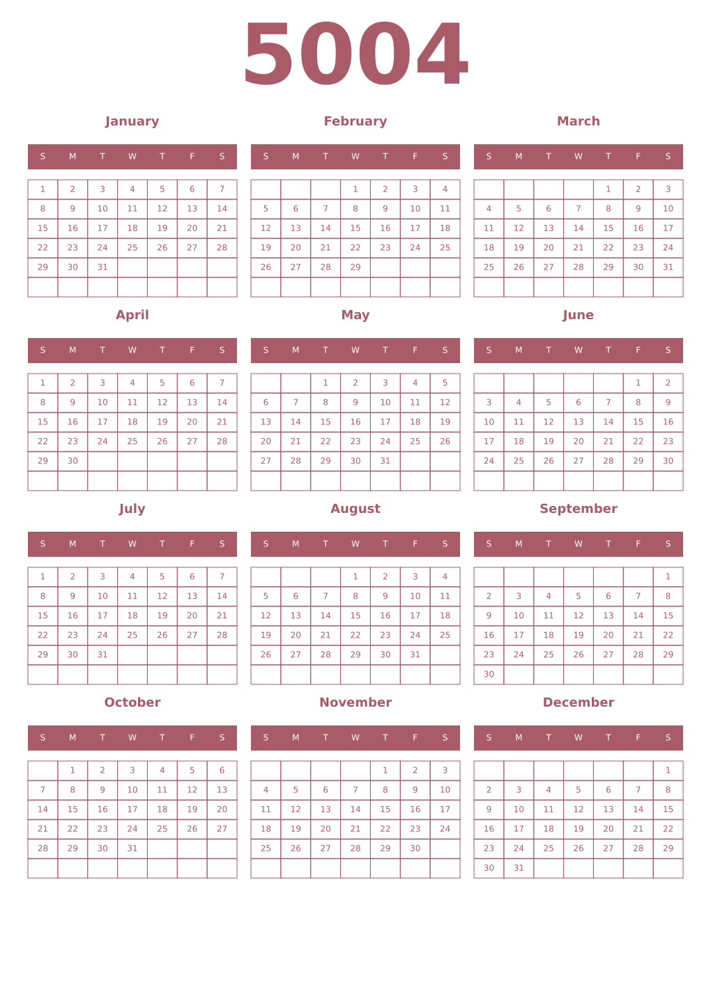 Printable 5004 Year Calendars puce