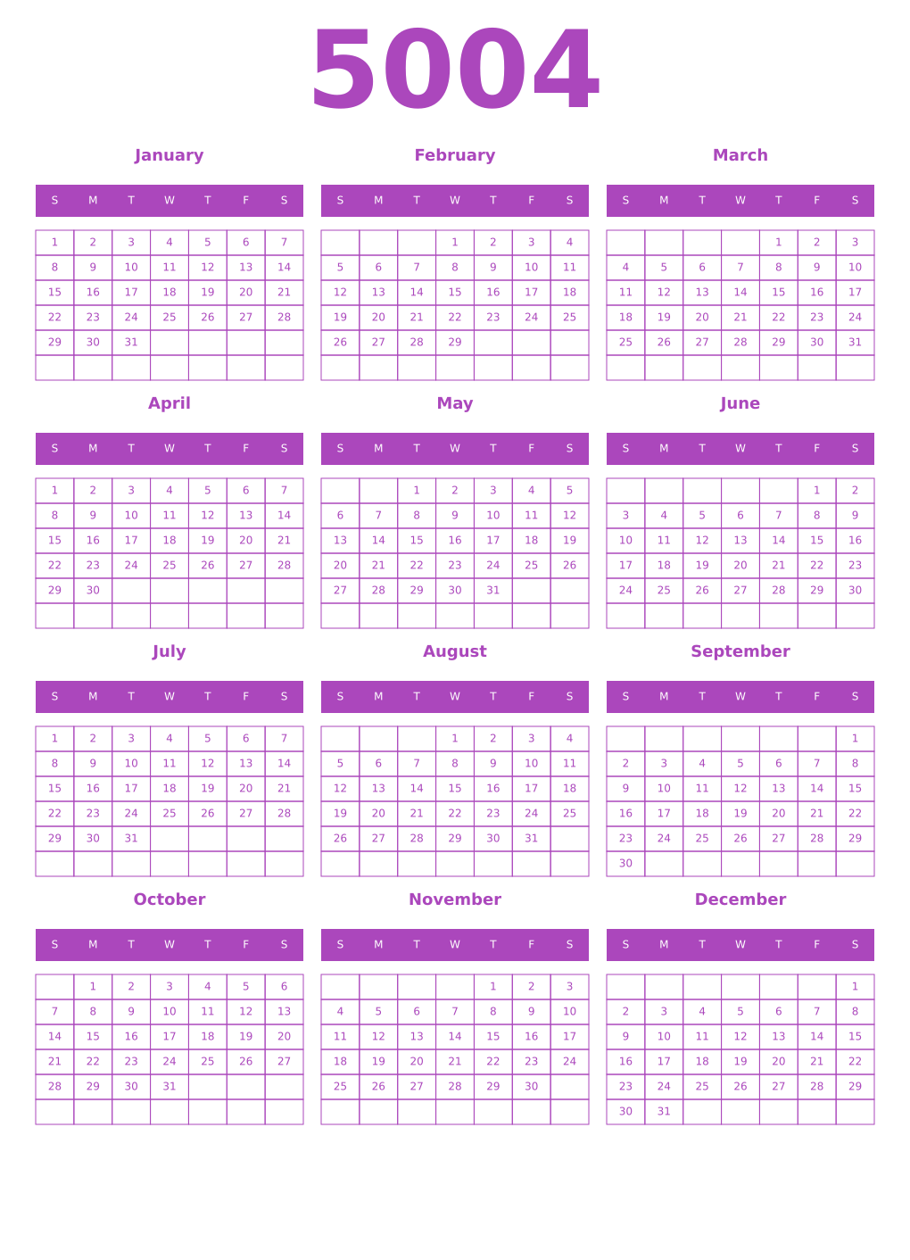 Printable 5004 Year Calendars purple