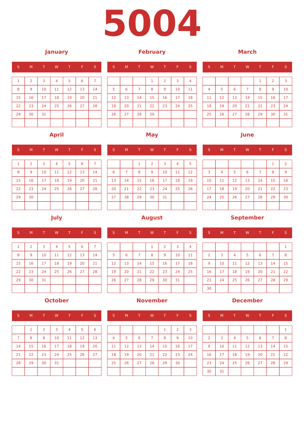 Printable 5004 Year Calendars red