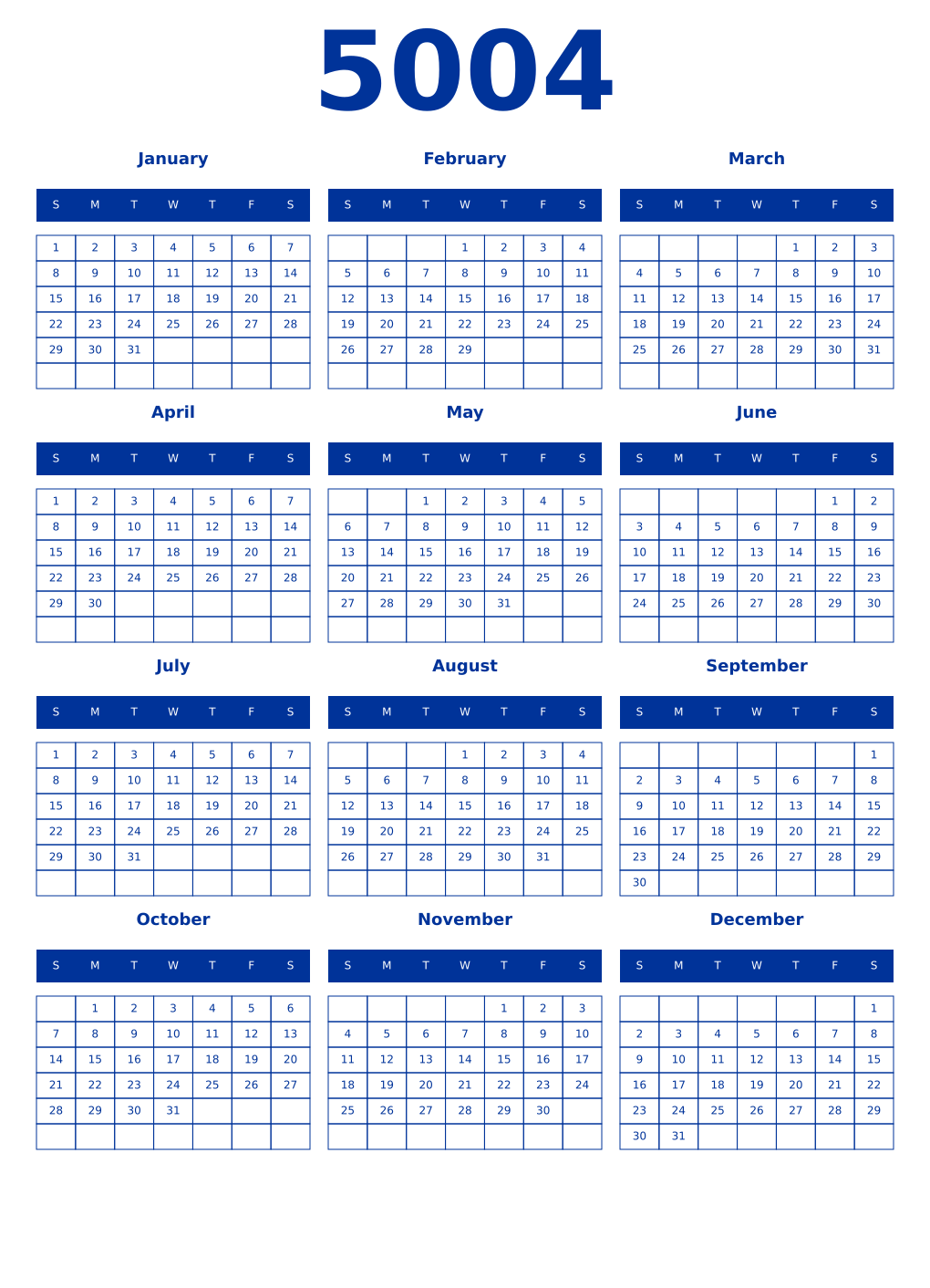 Printable 5004 Year Calendars smalt